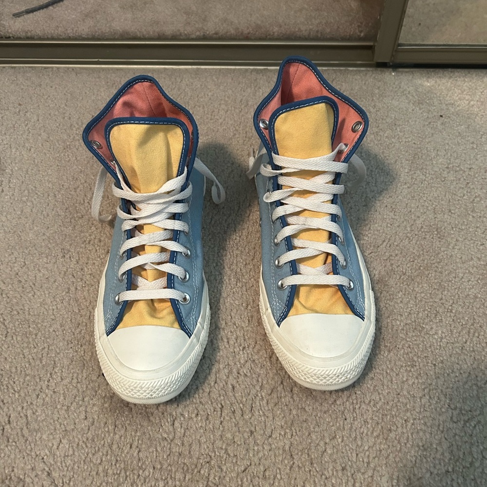 Unisex Colorblock High-Top Sneakers in Blue, Yellow & Pink